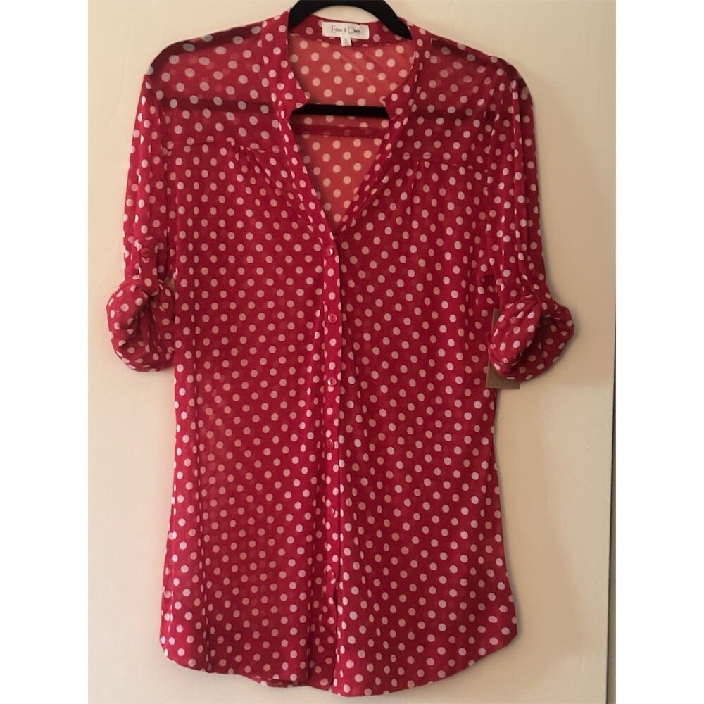 Eden & Olivia Blouse Womens Size S Red White Polka Dot V-Neck Tunic Top